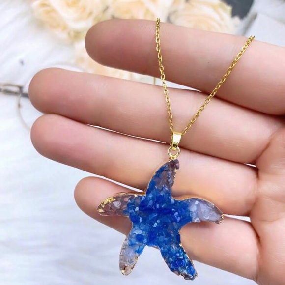 “Blue Druzy Starfish” Gold Dipped Geode Ocean Sea Marine Tropical Steel Necklace - Picture 3 of 16
